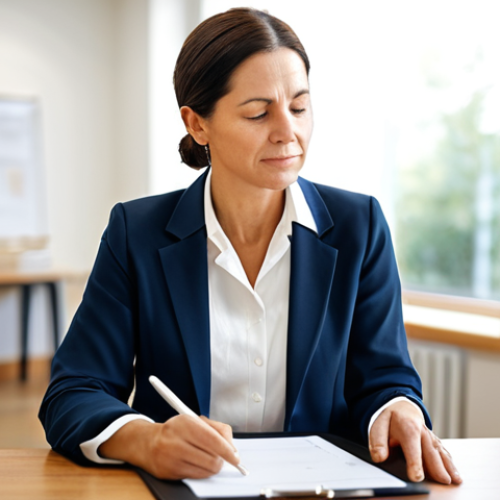 Home 22 A compassionate female gerontological case manager, mid-40s, wearing a modest, professional business blazer and blouse, is seated at a clean, modern desk in a well-lit, calm office environment. She is engaged in reviewing complex care plans on a tablet, with a gentle yet focused expression, symbolizing her role as an 'invisible architect' of well-being and a coordinator of intricate support systems. The background subtly features blurred office documents and warm-toned professional decor. Perfect anatomy, correct proportions, well-formed hands, proper finger count, natural pose, natural body proportions, professional photography, high quality, safe for work, appropriate content, fully clothed, professional, modest, family-friendly.