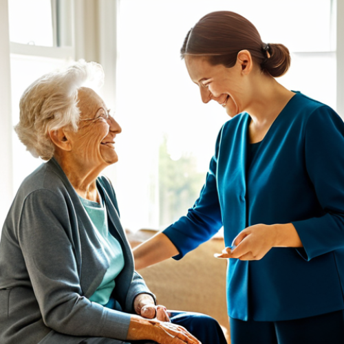 Home 20 **
"A dedicated caregiver, fully clothed in a professional and modest outfit, gently assisting an elderly woman in a bright, comfortable living room. The woman is smiling slightly, looking towards the caregiver. Sunlight streams through a window, illuminating the scene. Focus on the warmth and connection between them. Safe for work, appropriate content, perfect anatomy, natural proportions, high quality, family-friendly, professional photography."
**