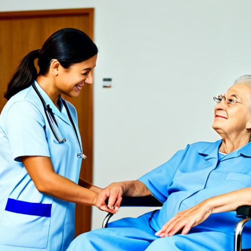 Home 11 **EHPAD Scene:** A professional caregiver in a fully clothed uniform, assisting a senior resident in a well-lit, clean EHPAD environment; appropriate content, safe for work, perfect anatomy, natural proportions, family-friendly, professional setting.
