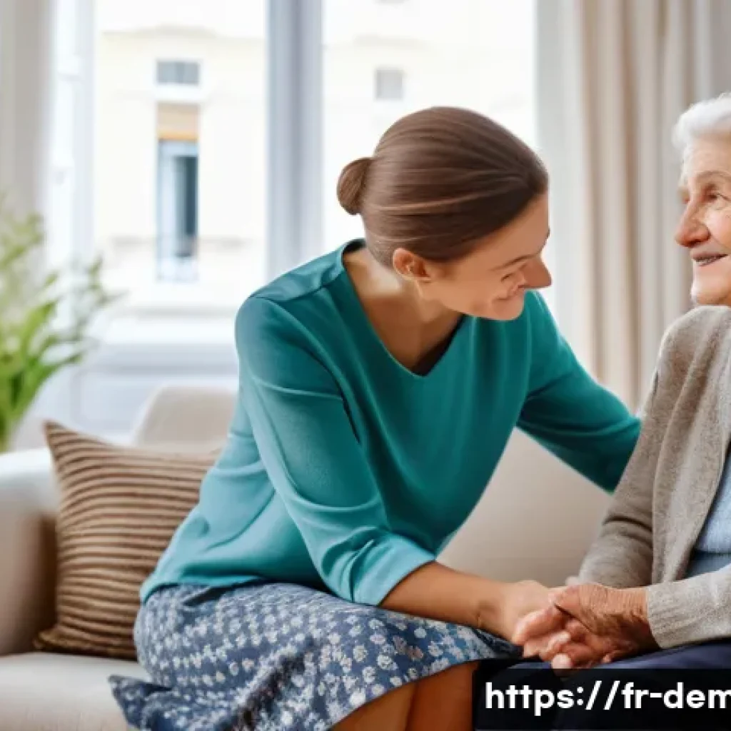 치매관리사 교육 과정 리뷰 - A compassionate professional caregiver gently assisting an elderly French woman with Alzheimer’s dis...