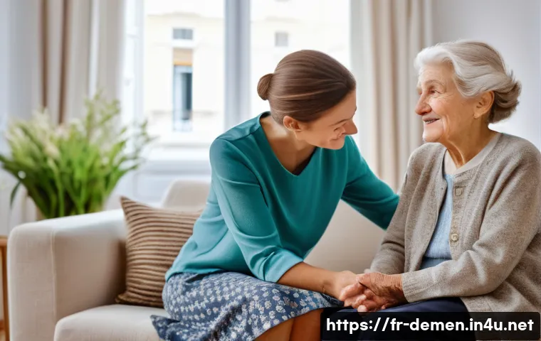 치매관리사 교육 과정 리뷰 - A compassionate professional caregiver gently assisting an elderly French woman with Alzheimer’s dis...