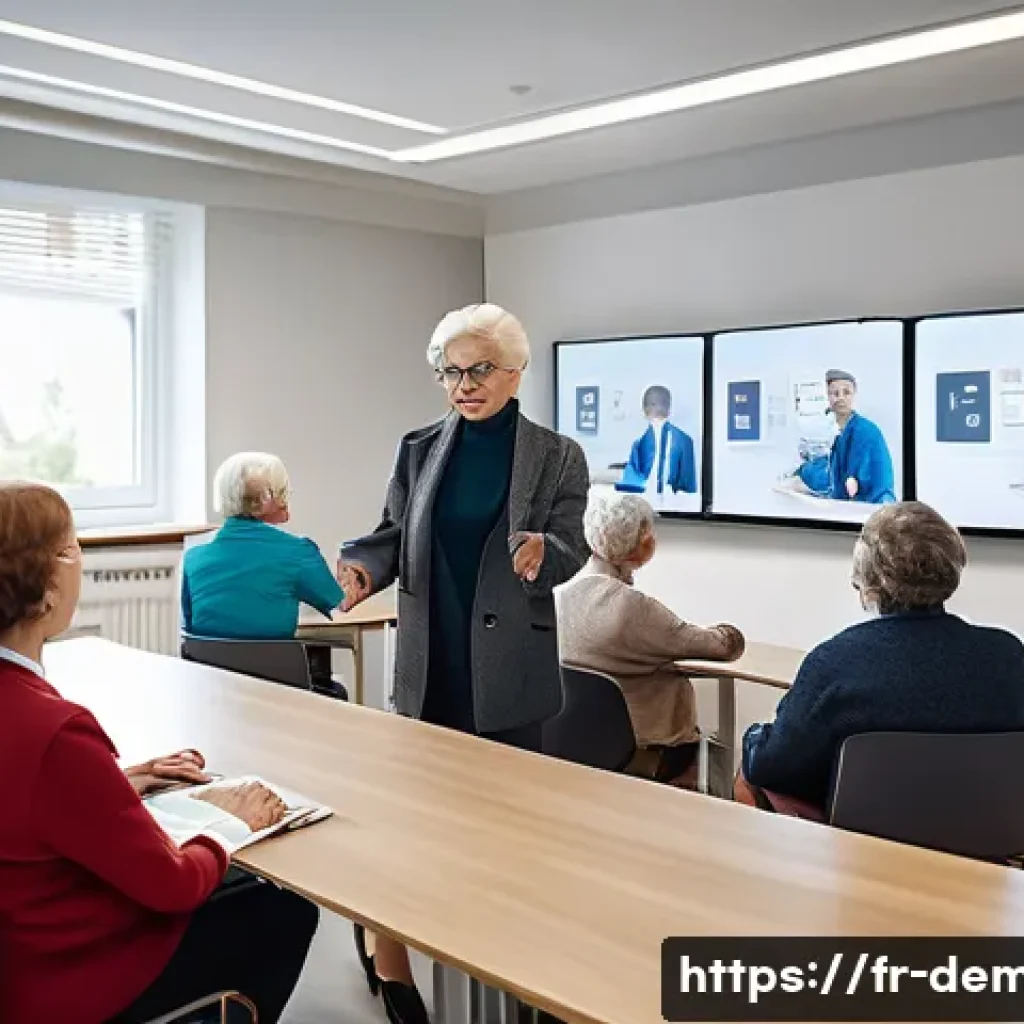 치매관리사 복지 혜택과 장단점 - A professional dementia care manager conducting a training session in a modern French healthcare fac...