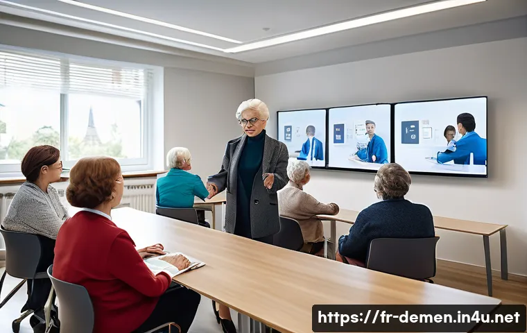 치매관리사 복지 혜택과 장단점 - A professional dementia care manager conducting a training session in a modern French healthcare fac...