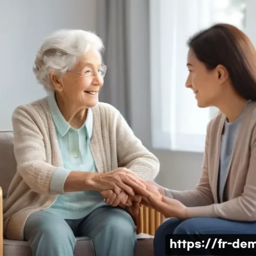 치매관리사 실습 경험담 - A serene, well-lit room designed for dementia patients, featuring neatly arranged furniture with sof...