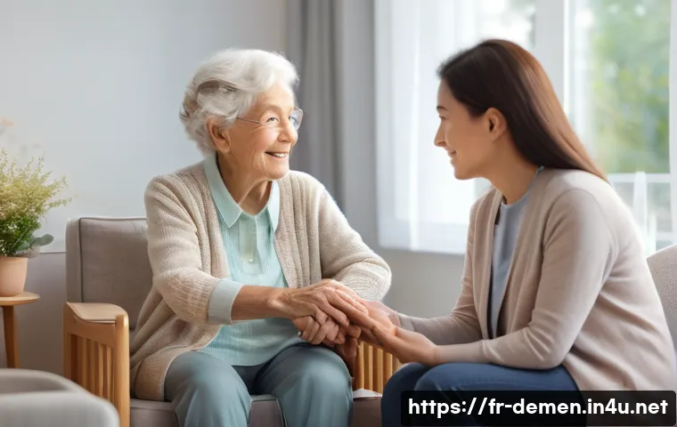 치매관리사 실습 경험담 - A serene, well-lit room designed for dementia patients, featuring neatly arranged furniture with sof...