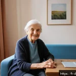 치매관리사와 치매 환자 가정 방문 사례 - An elderly French woman with mild dementia sitting comfortably in a well-lit, cozy living room desig...