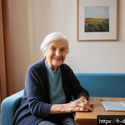 치매관리사와 치매 환자 가정 방문 사례 - An elderly French woman with mild dementia sitting comfortably in a well-lit, cozy living room desig...