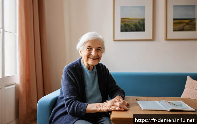 치매관리사와 치매 환자 가정 방문 사례 - An elderly French woman with mild dementia sitting comfortably in a well-lit, cozy living room desig...