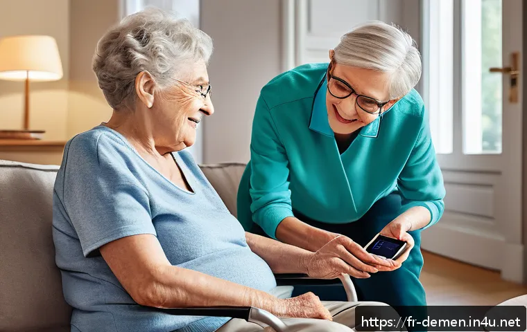 치매관리사 실무 기술 트렌드 - A cozy, well-lit living room scene featuring an elderly person wearing comfortable, easy-to-wear clo...