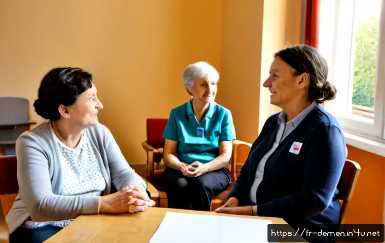 치매관리사 실무 워크숍 후기 - Photorealistic practical dementia care workshop in a bright French community training center, divers...