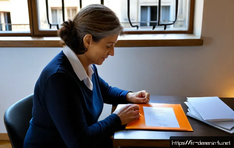 치매관리사 취업 시 우선순위 정하기 - Photorealistic scene of a middle-aged French woman preparing for a dementia care job interview at a ...