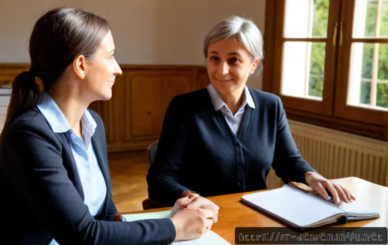 Home 17 치매관리사 취업 면접 질문과 답변 - Photorealistic job interview for a dementia care assistant in France, compassionate middle-aged fema...